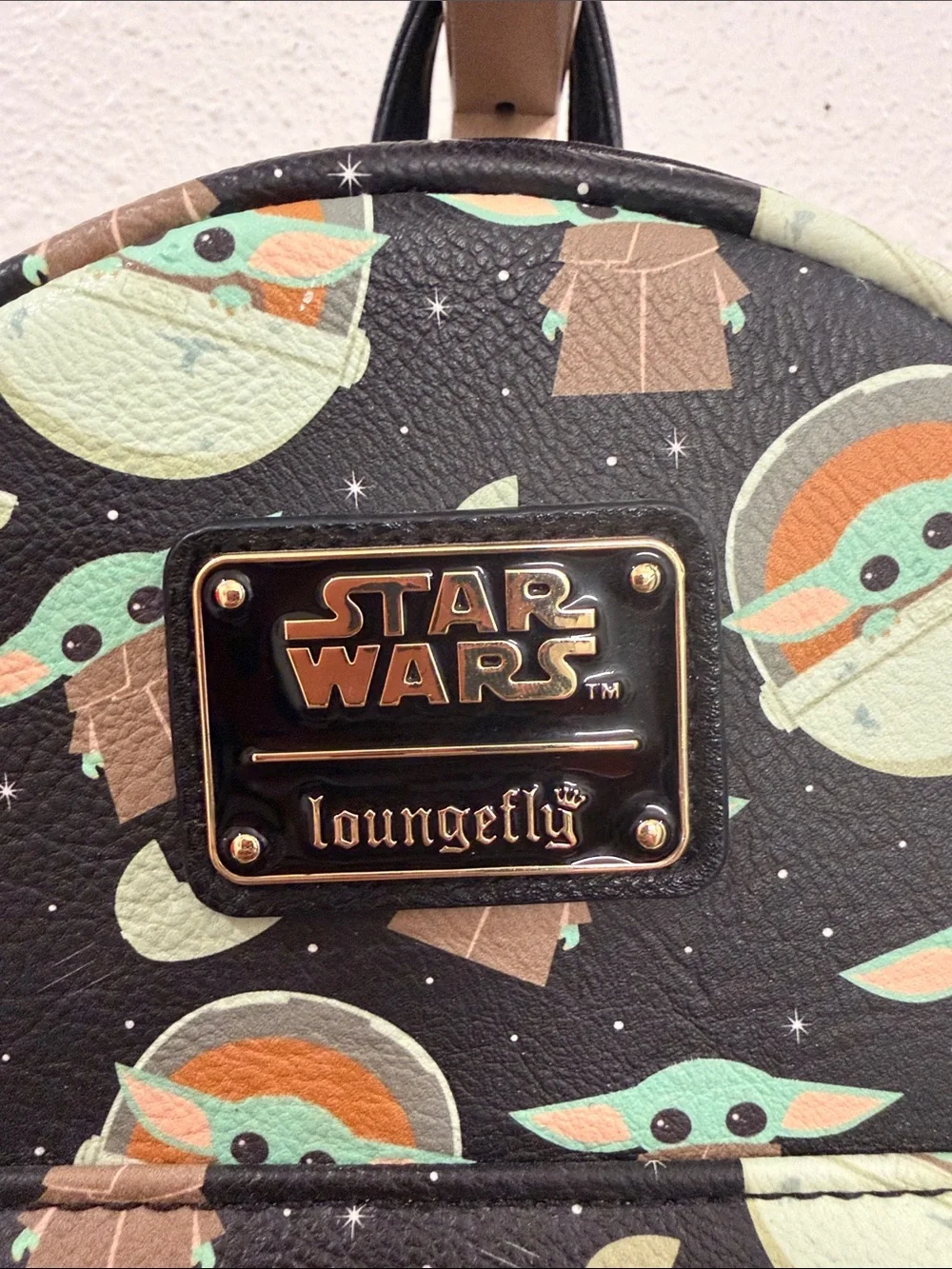 Loungefly Black Baby Yoda Pattern Mini Backpack with Green and Brown Accents